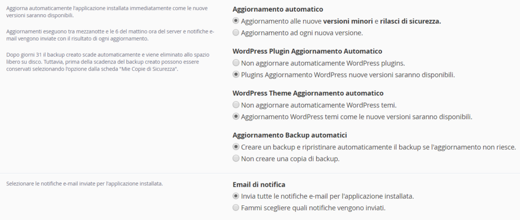 wordpress cpanel aggiornamenti automatici